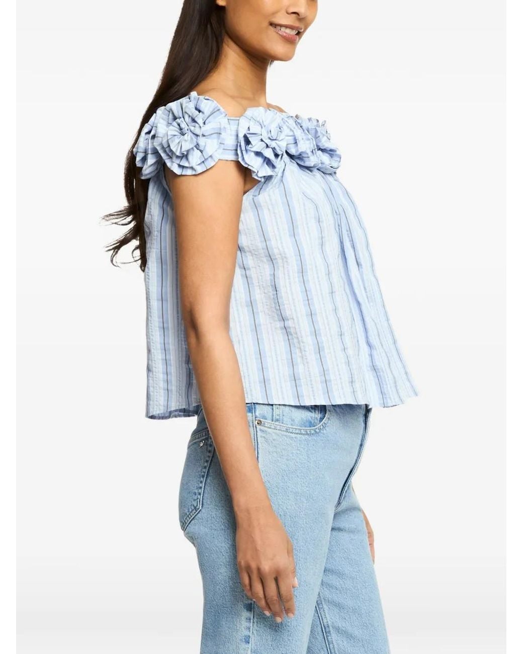 Cinq À Sept Blue Kelsey Floral-Appliqué Striped Blouse