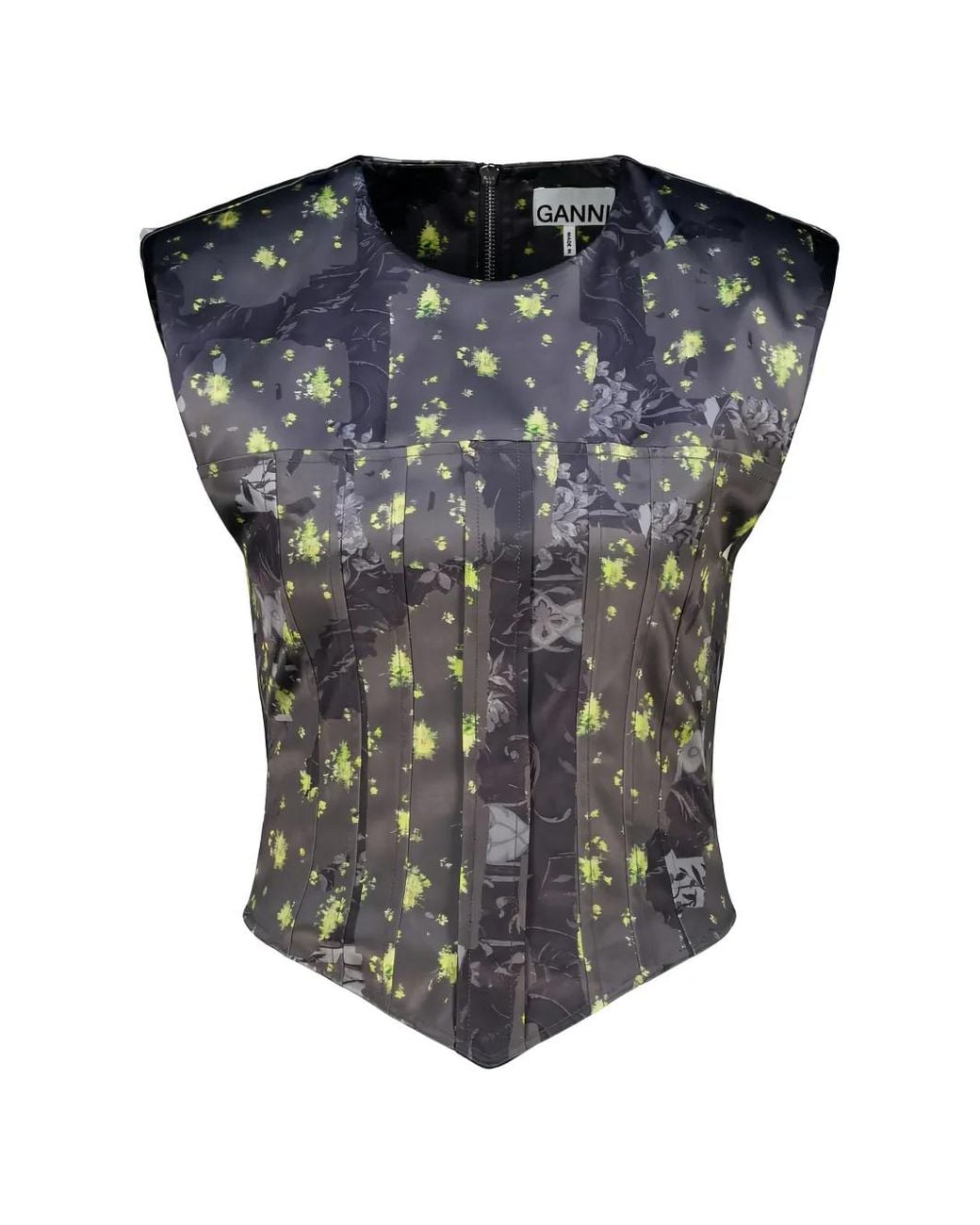 Ganni Gray Floral-Print Panelled Top