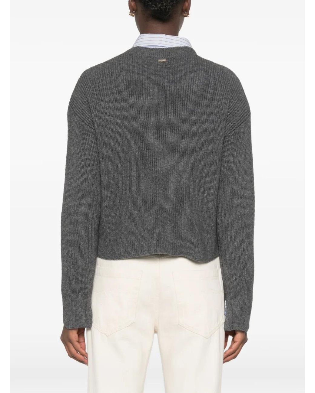 Twinset Gray Ribbed-Knit V-Neck Sweater