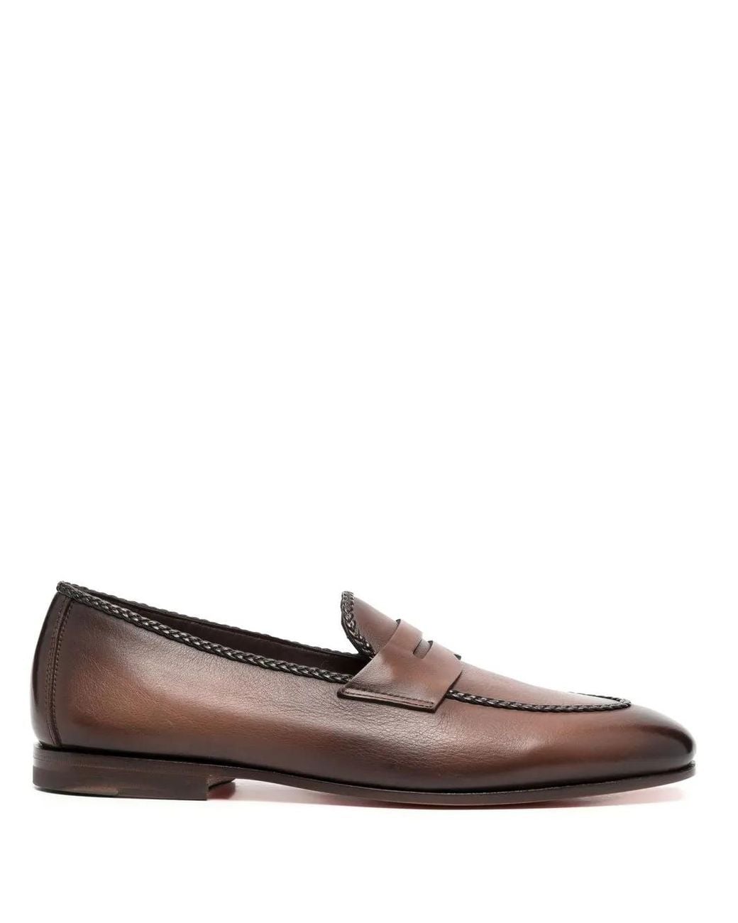 Santoni Brown Leather Penny Loafers for men