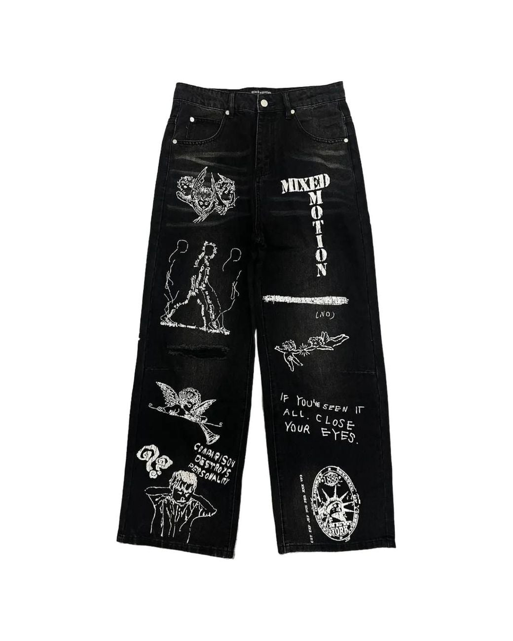 Mixed Emotions Black Graphic-Print Distressed Jeans for men