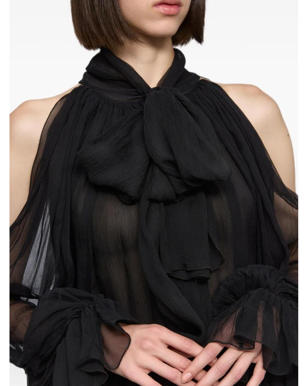 Atu Body Couture Black Cold-Shoulder Pussy-Bow Blouse