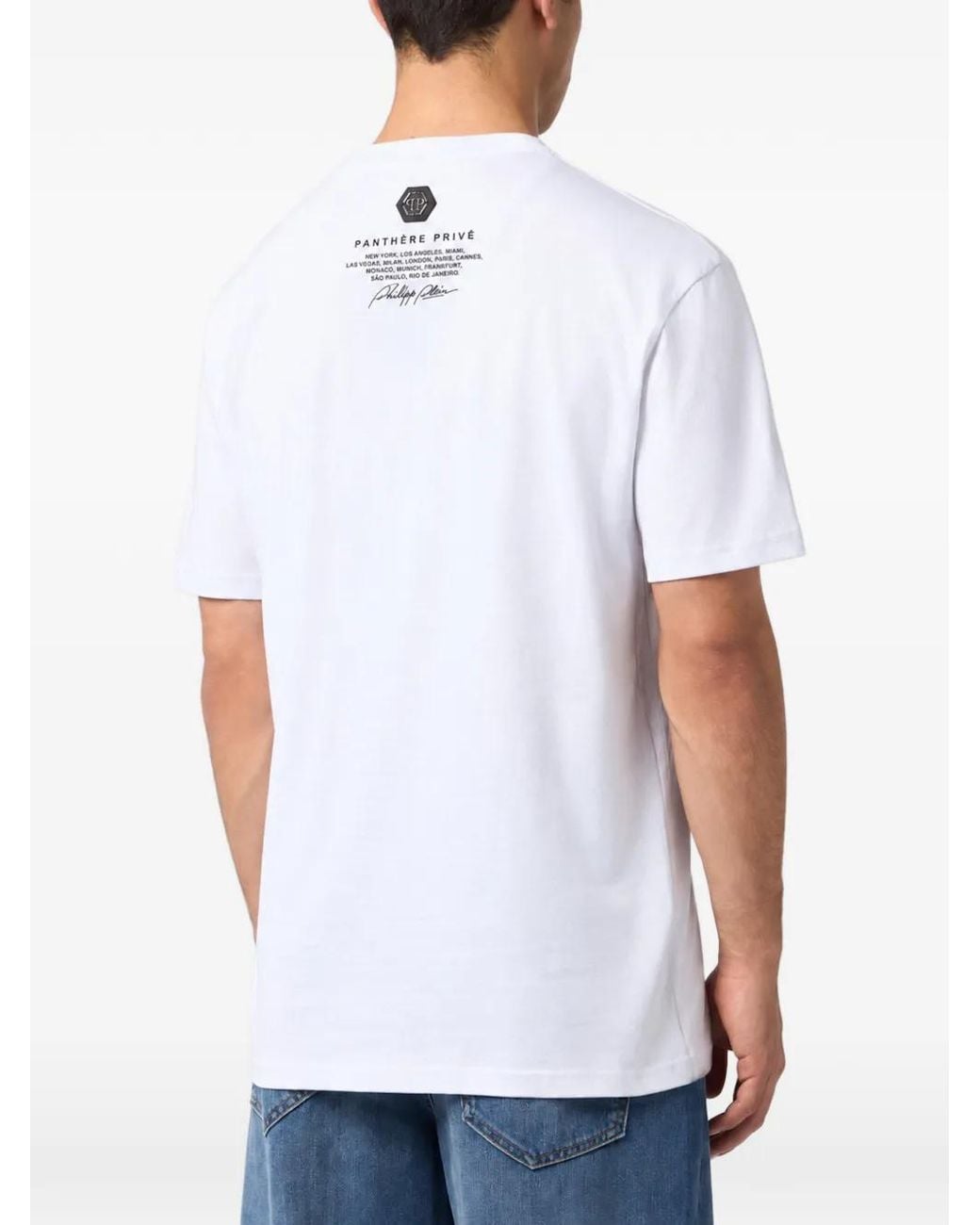 Philipp Plein White Round Neck T-Shirt Chrome Metal Logo Stones for men