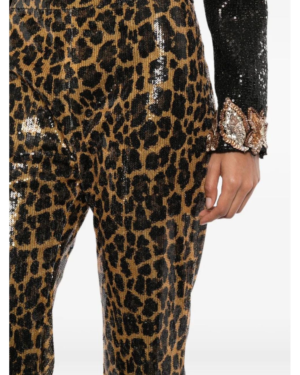 Pamella Roland Natural Pantalon Skinny Évasé À Imprimé Léopard Et Sequins