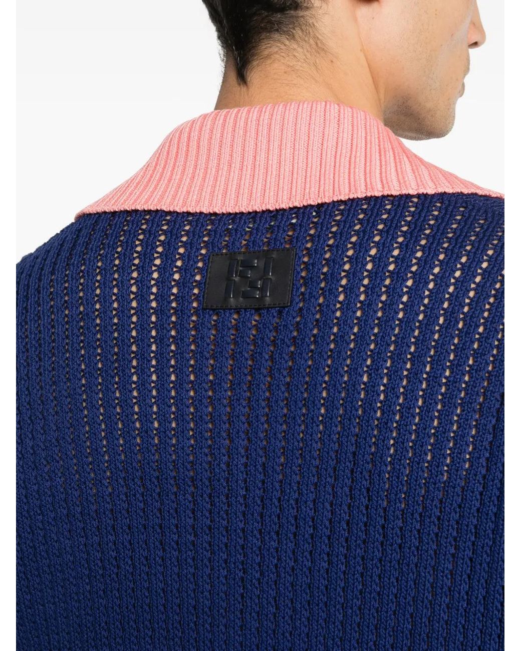 Fendi Blue Pull En Maille Ajourée Et Patch Logo for men