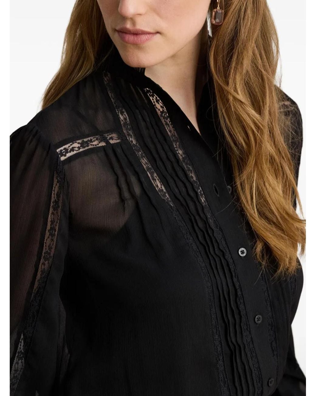 Ralph Lauren Black Lace-Trim Pintucked Blouse