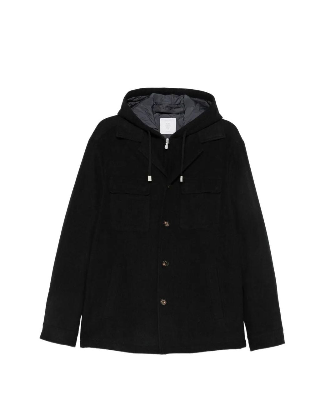 Eleventy Black Hooded Button-Up Jacket for men