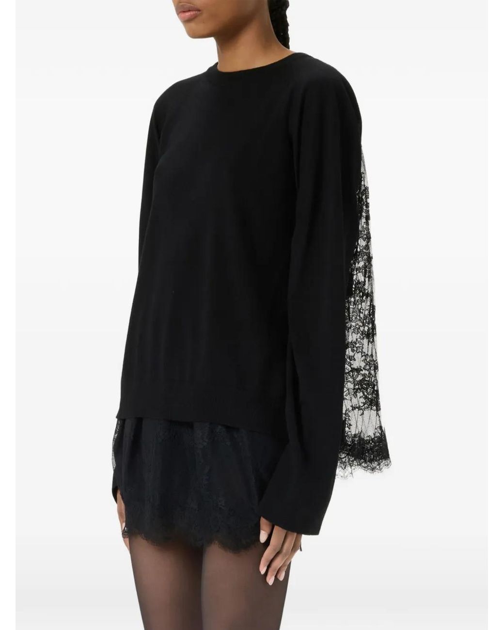 Blumarine Black Pleated Lace-Panel Sweater