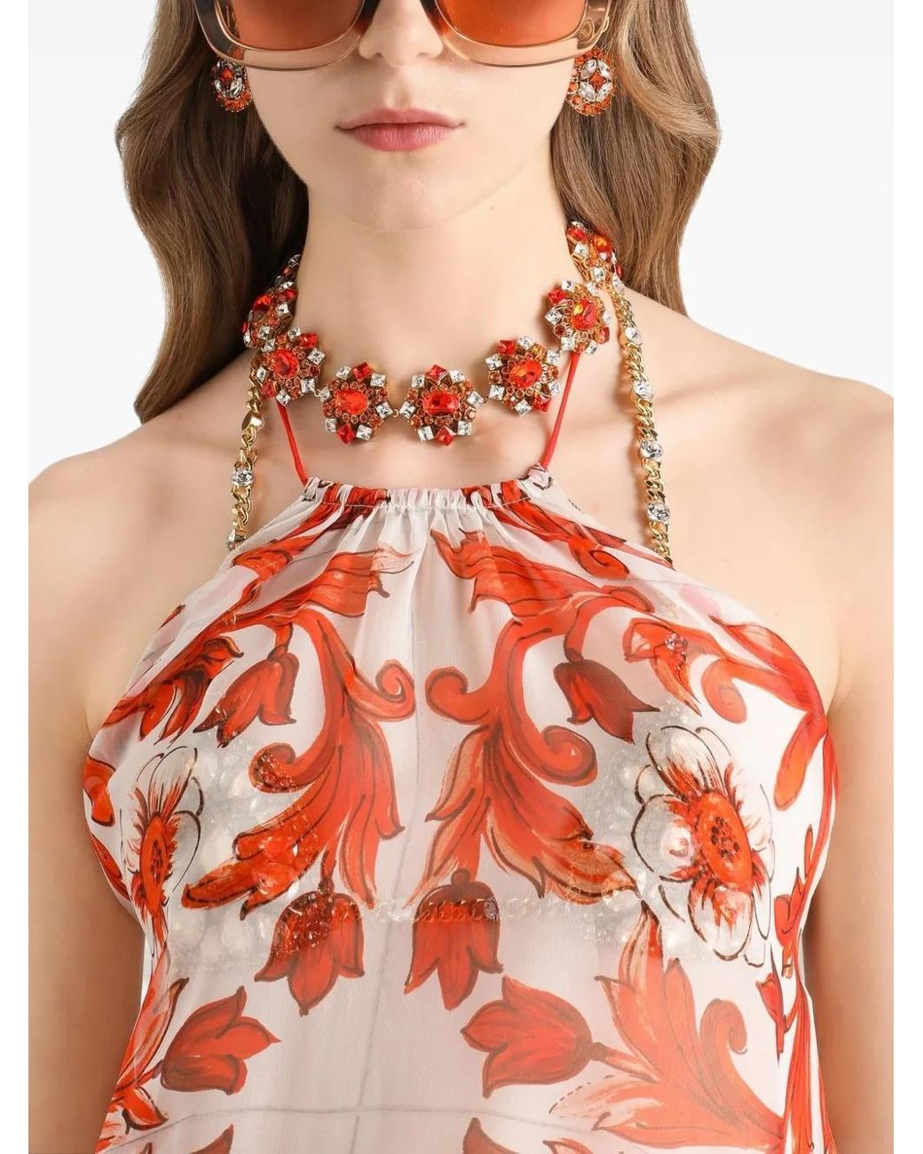 Dolce & Gabbana White Majolica-Print Chiffon Short Dress
