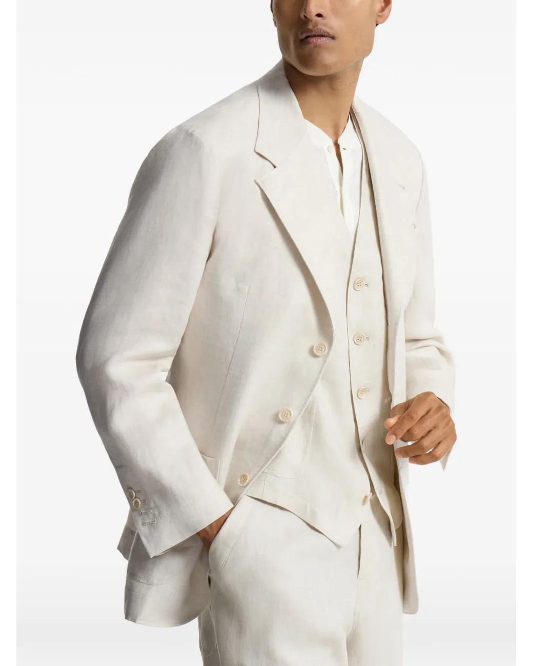 Brunello Cucinelli White Linen Micro Chevron Unlined Blazer for men