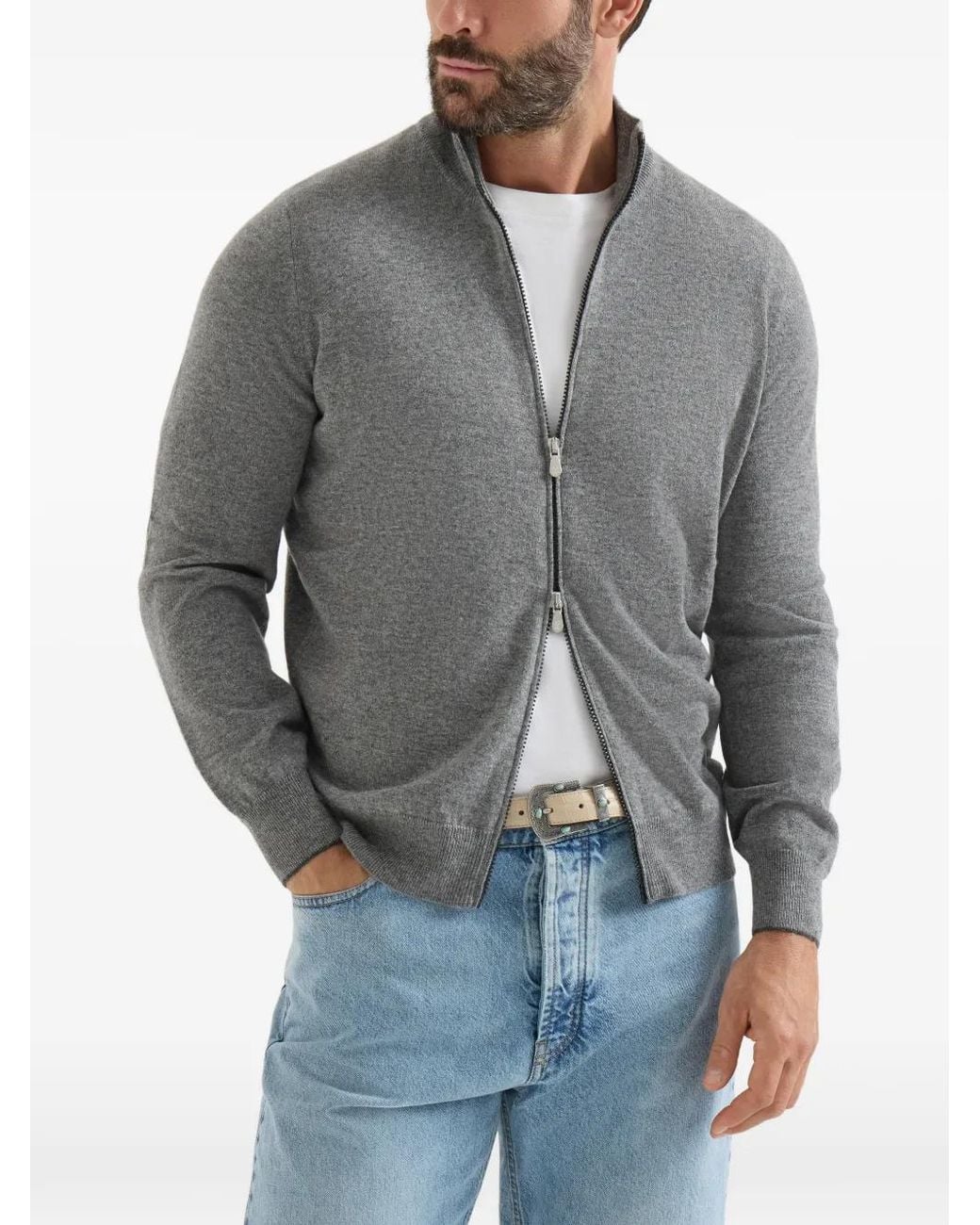 Brunello Cucinelli Gray Cardigan En Cachemire À Col Montant for men
