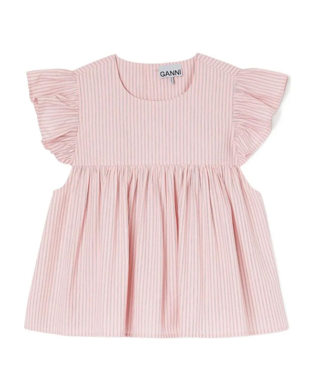 Ganni Pink Ruffled Striped Top