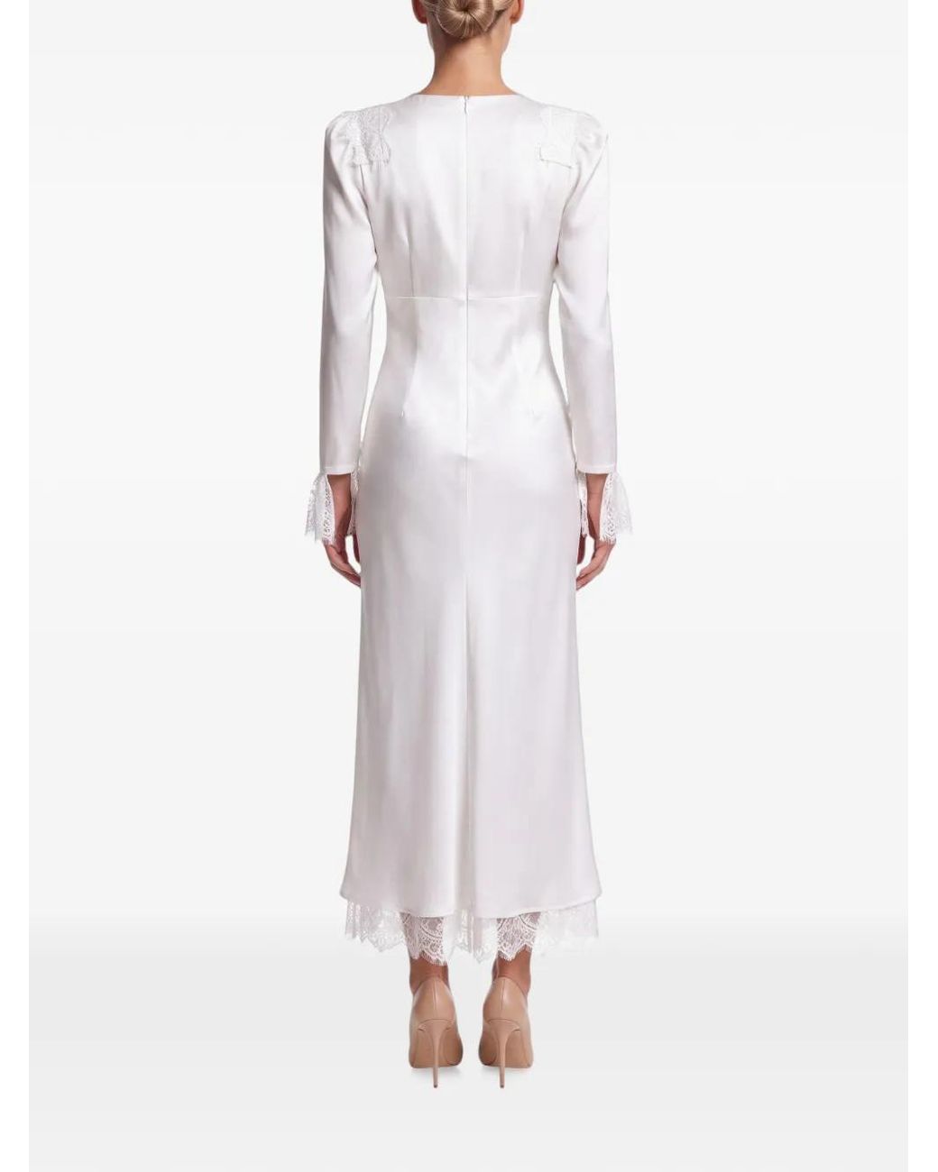 POST MERIDIEM White Lace-Trim Fitted Midi Dress