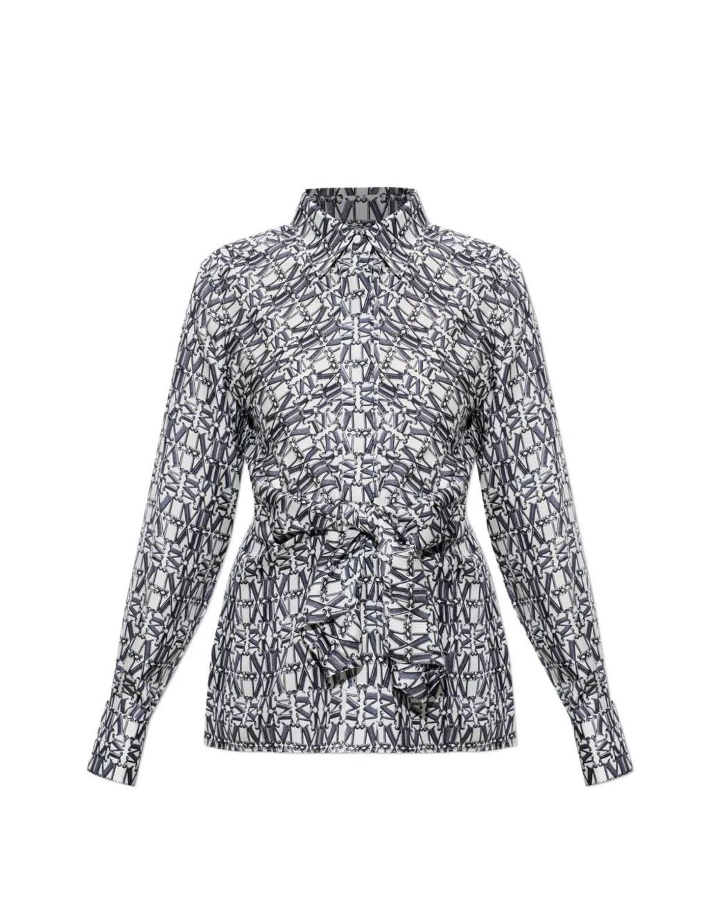 Max Mara Gray Monogram-Print Tie-Waist Blouse