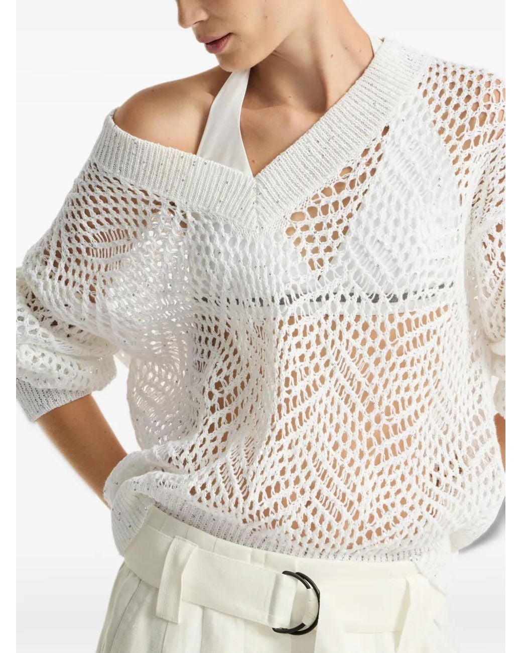 Brunello Cucinelli White Dazzling Abstract Leaf Sweater