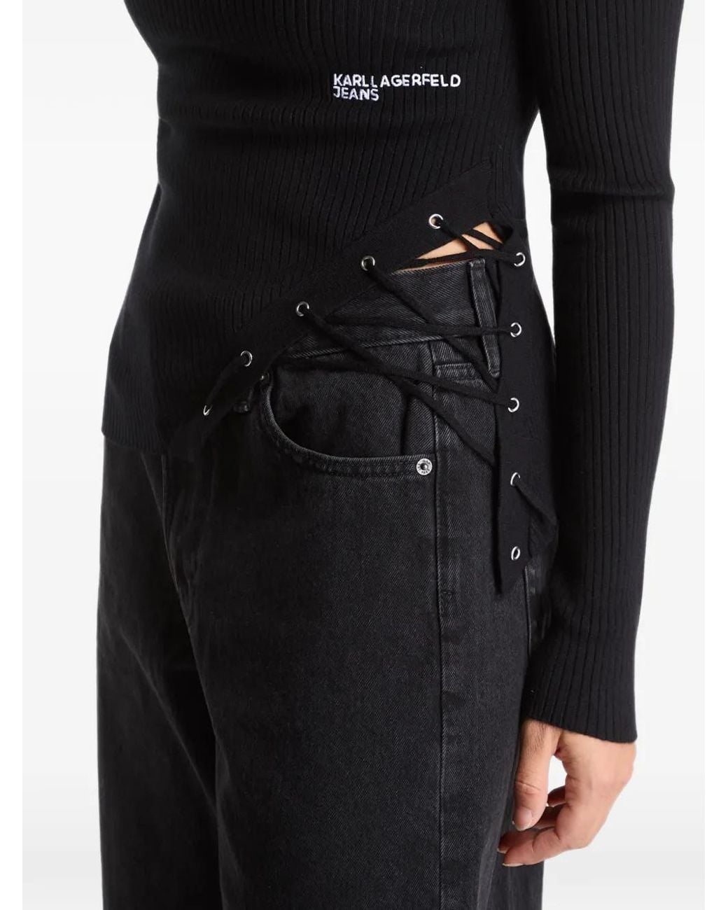 Karl Lagerfeld Black Lace-Up Ribbed Sweater