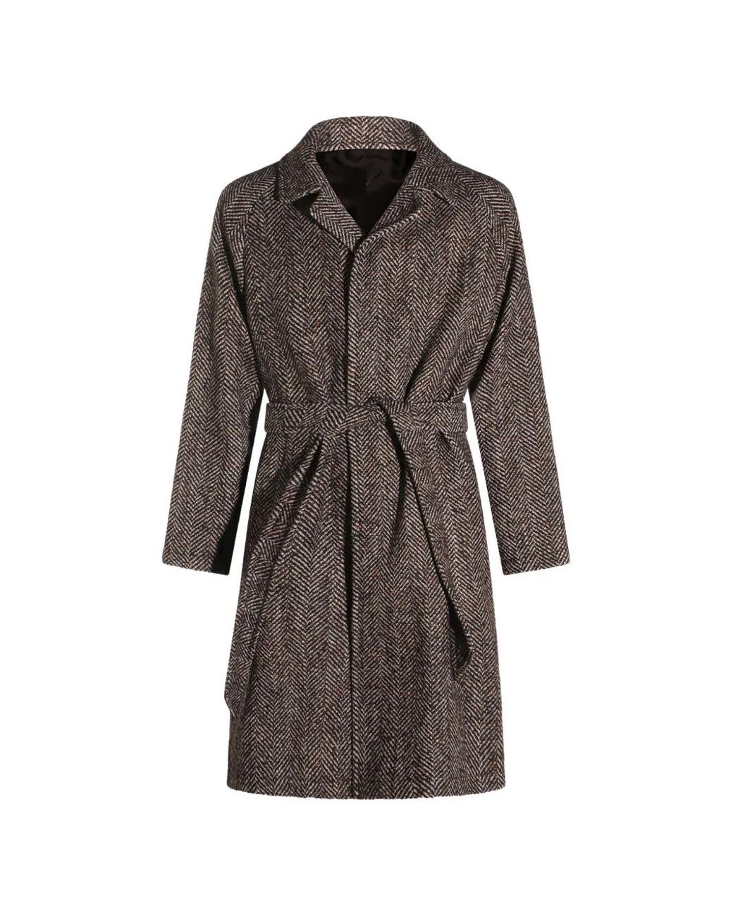 Tagliatore Brown Herringbone-Pattern Belted Coat for men