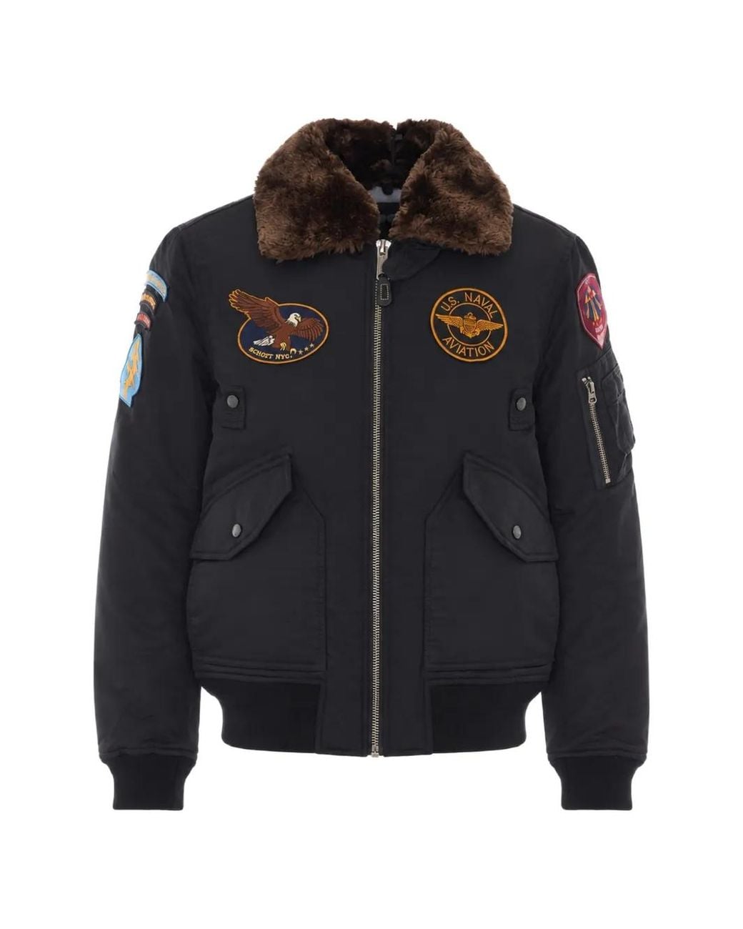 Schott Nyc Black Airston Faux-Fur Logo-Patch Down Jacket for men