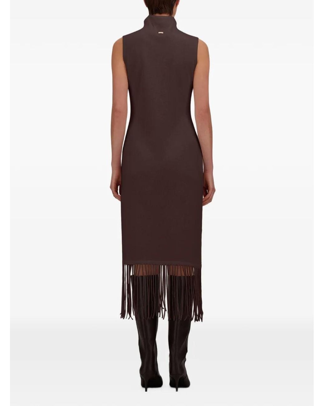 Herno Purple Fringe-Hem High-Neck Fitted Midi Dress
