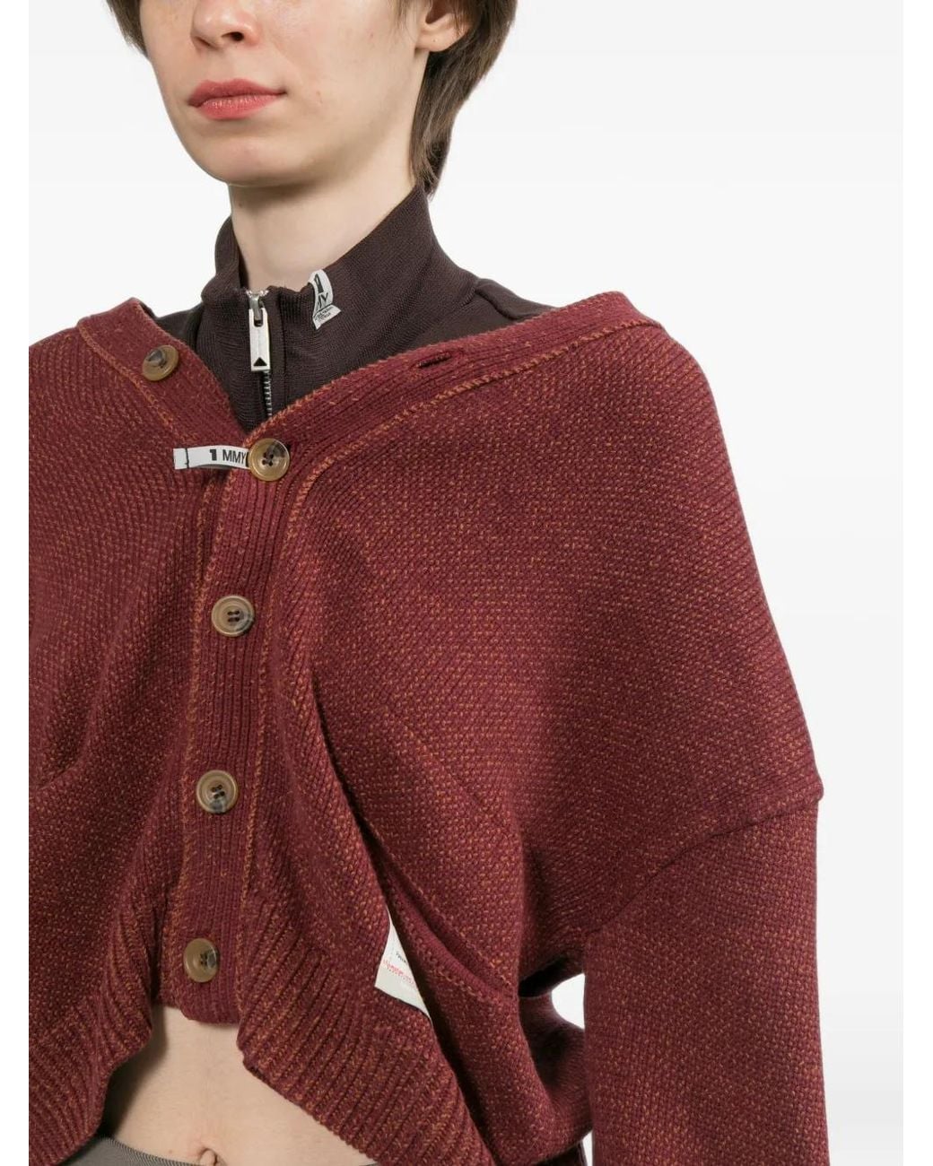 Maison Mihara Yasuhiro Red Distressed Cable-Knit Cardigan