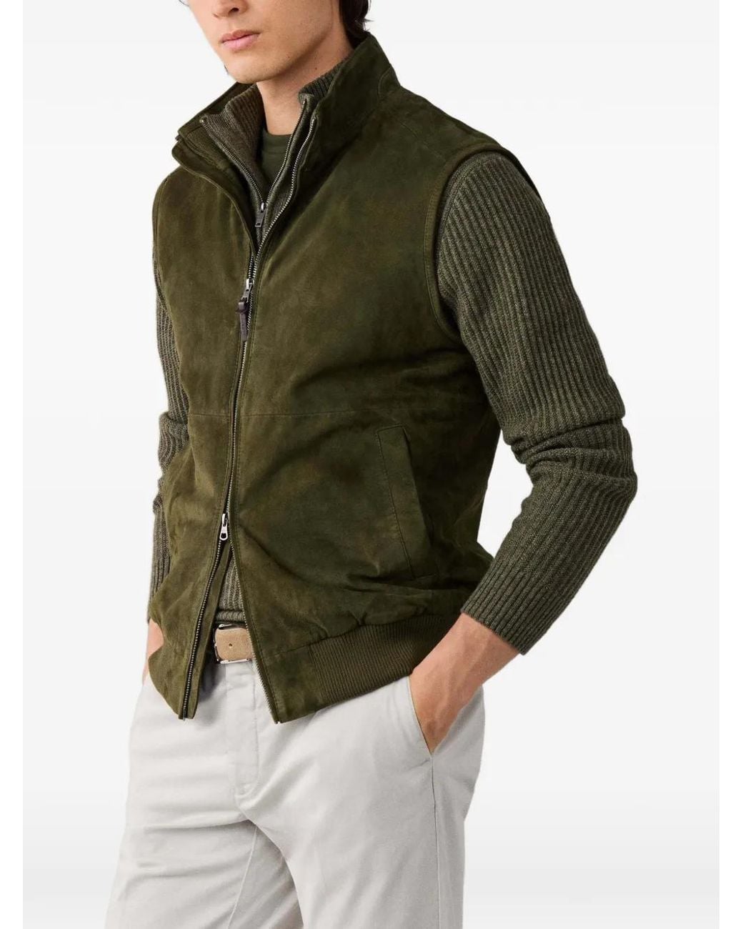 Hackett Green Suede Ribbed-Trim Gilet for men