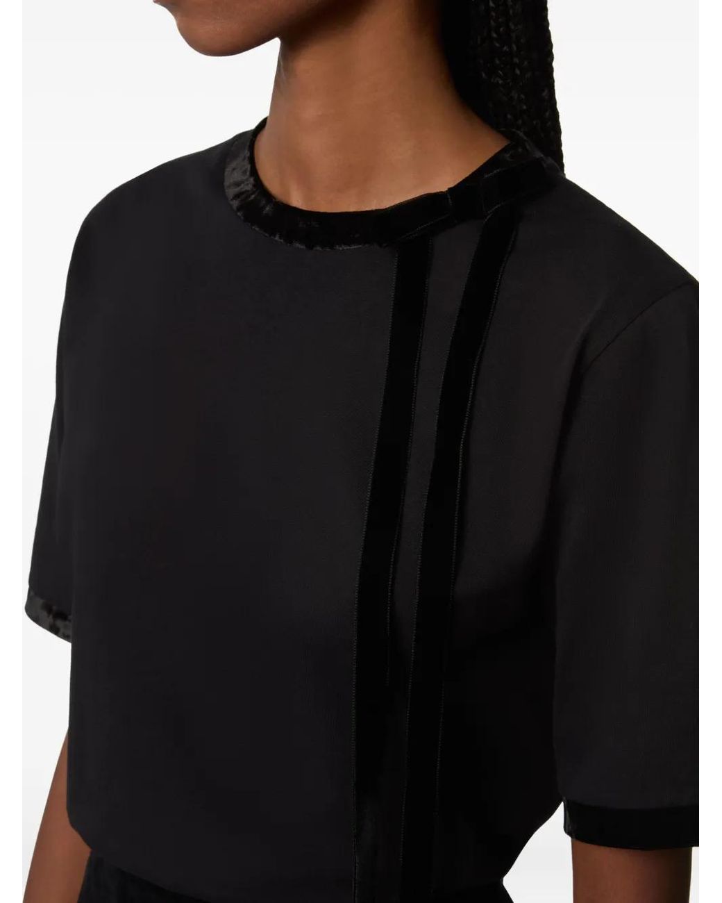 Nina Ricci Black Velvet-Trimmed Short-Sleeves Top