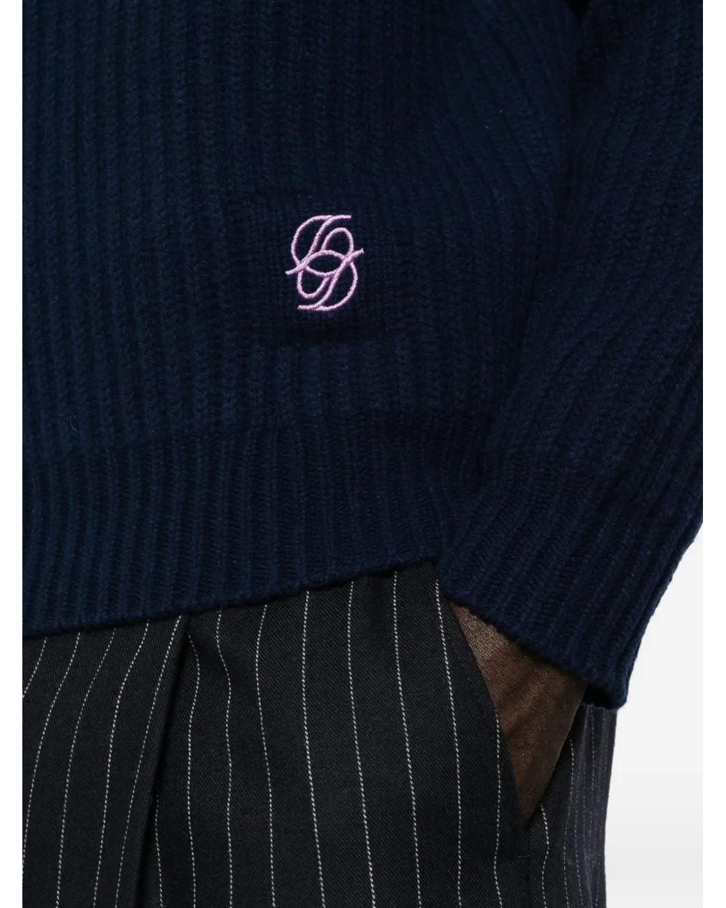 Drole de Monsieur Blue Striped-Collar Quarter-Zip Sweater for men