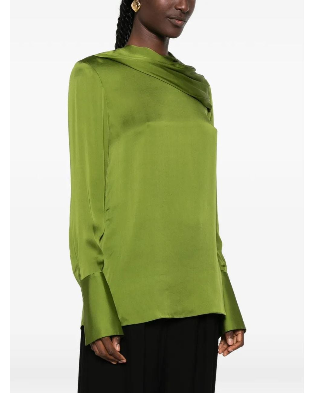 Tom Ford Green Stonewashed Silk Georgette Long Sleeve Draped Collar Blouse