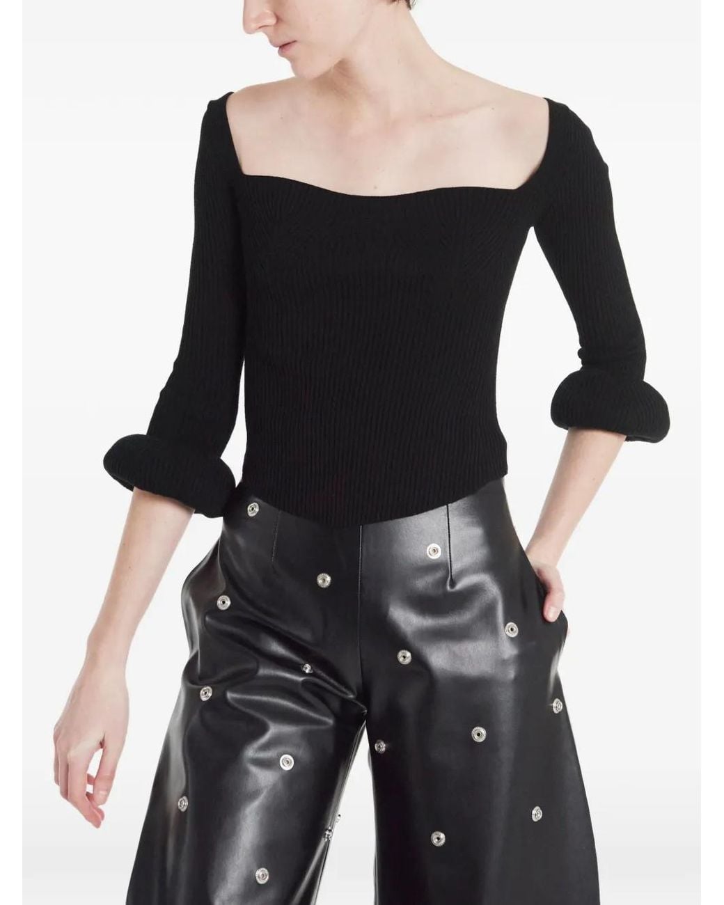 A.W.A.K.E. MODE Black Ribbed Doughnut-Sleeve Top