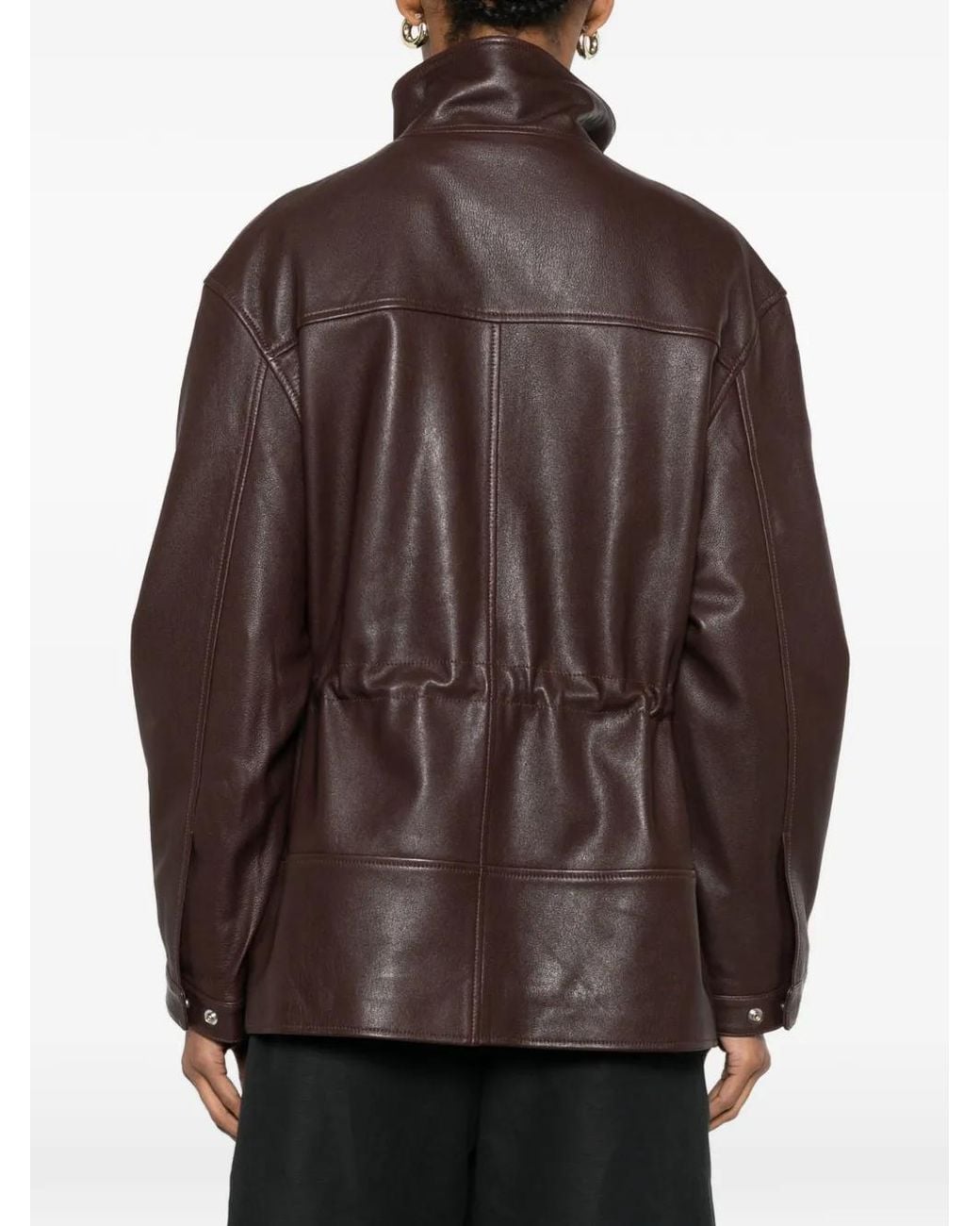 Sandro Brown Oversized Stand-Up Collar Leather Jacket