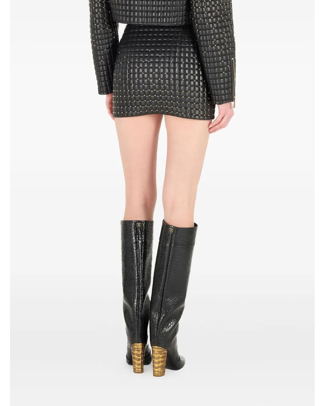 Roberto Cavalli Black Quilted Studded Leather Mini Skirt