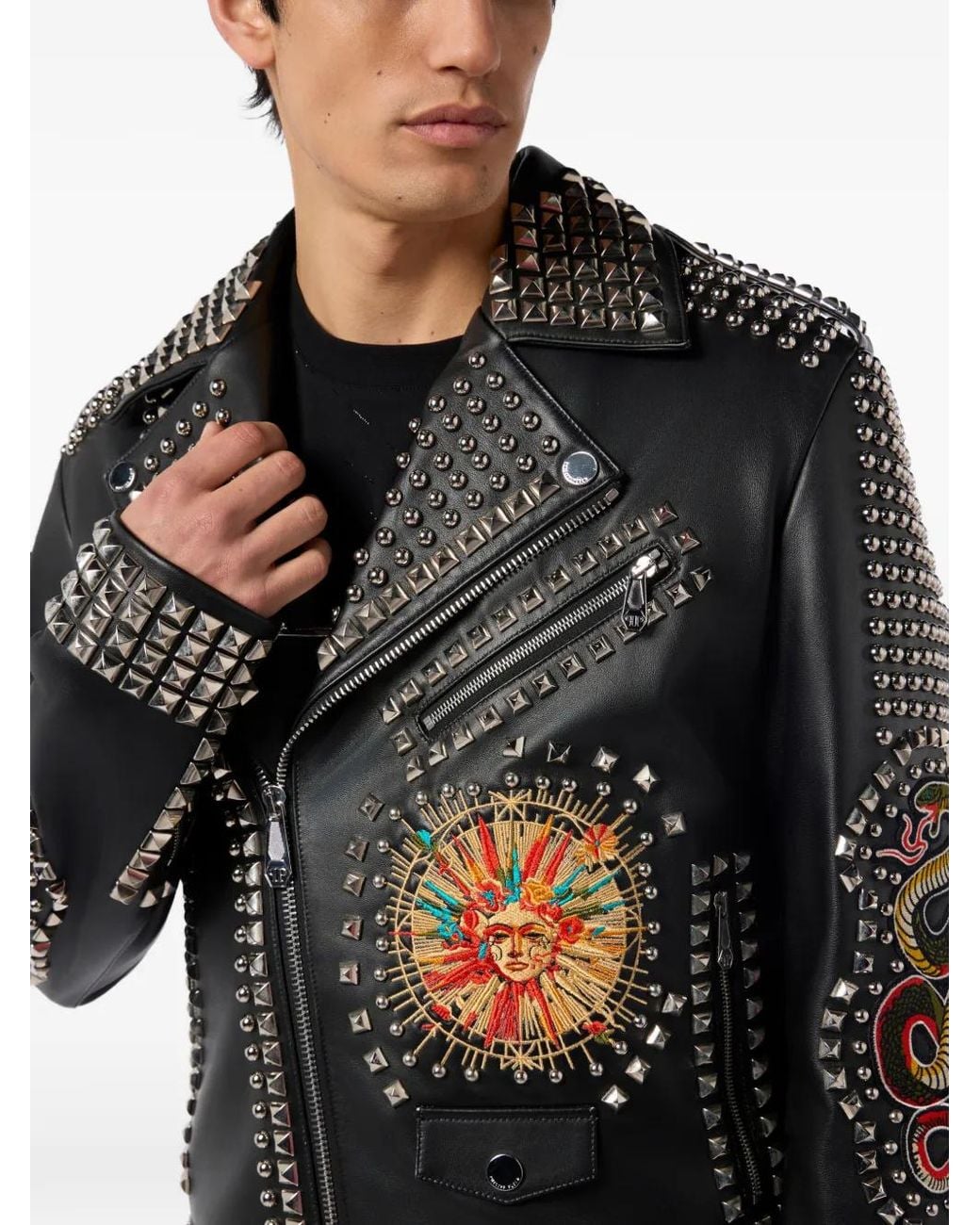 Philipp Plein Black Leather Biker Jacket Studs & Patches for men
