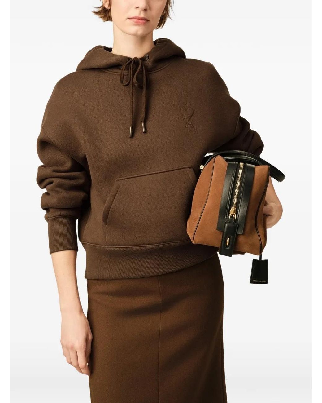 AMI Brown Cotton Hoodie With Embossed Ami De Coeur