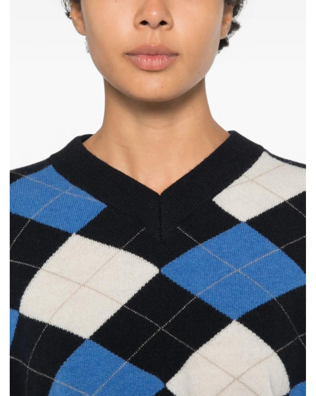 Marella Blue Buono Argyle-Intarsia V-Neck Sweater