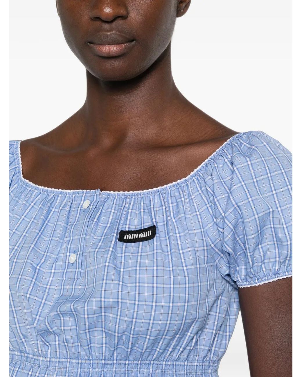 Miu Miu Blue Plaid-Pattern Popeline Mini Dress