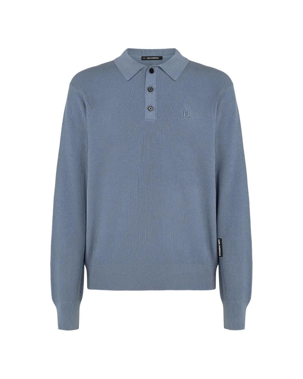 Karl Lagerfeld Blue Rib Knit Long-Sleeved Polo Shirt for men