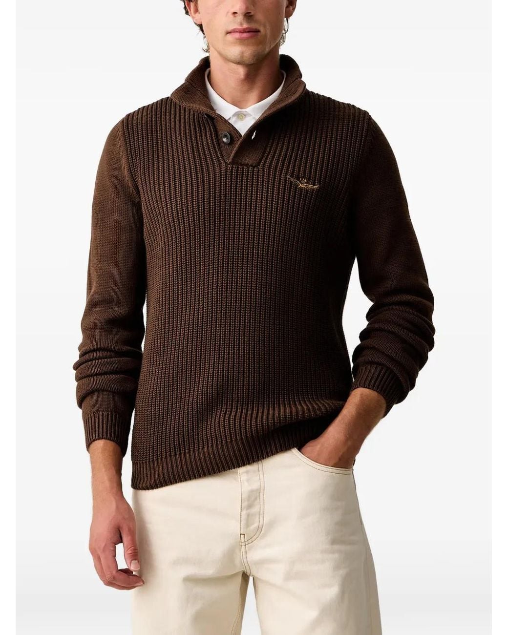 Aeronautica Militare Brown Pull Côtelé À Col Boutonné for men