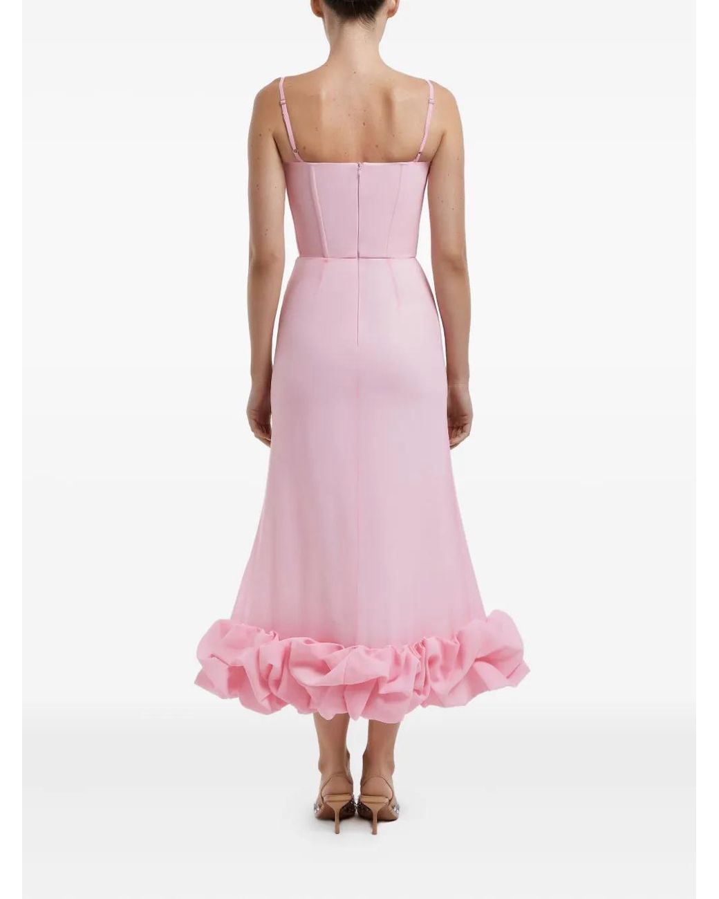 POST MERIDIEM Pink Draped-Bodice Flounced Bustier Dress