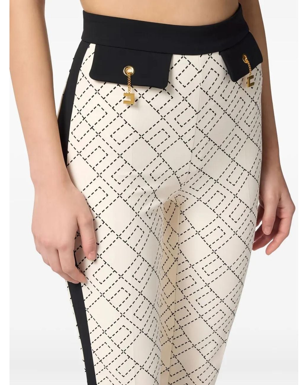 Elisabetta Franchi White Logo-Print Two-Colour Trousers