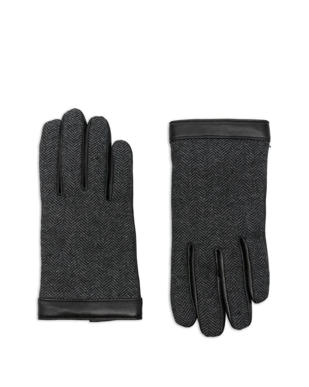 Boss Black Herringbone Leather Gloves for men