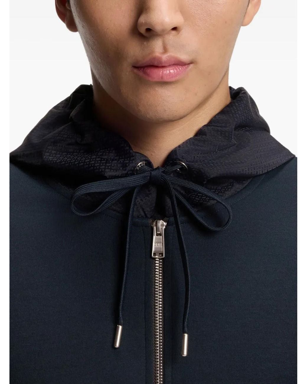 Boss Blue Zip-Up Hoodie With Monogram Hood for men
