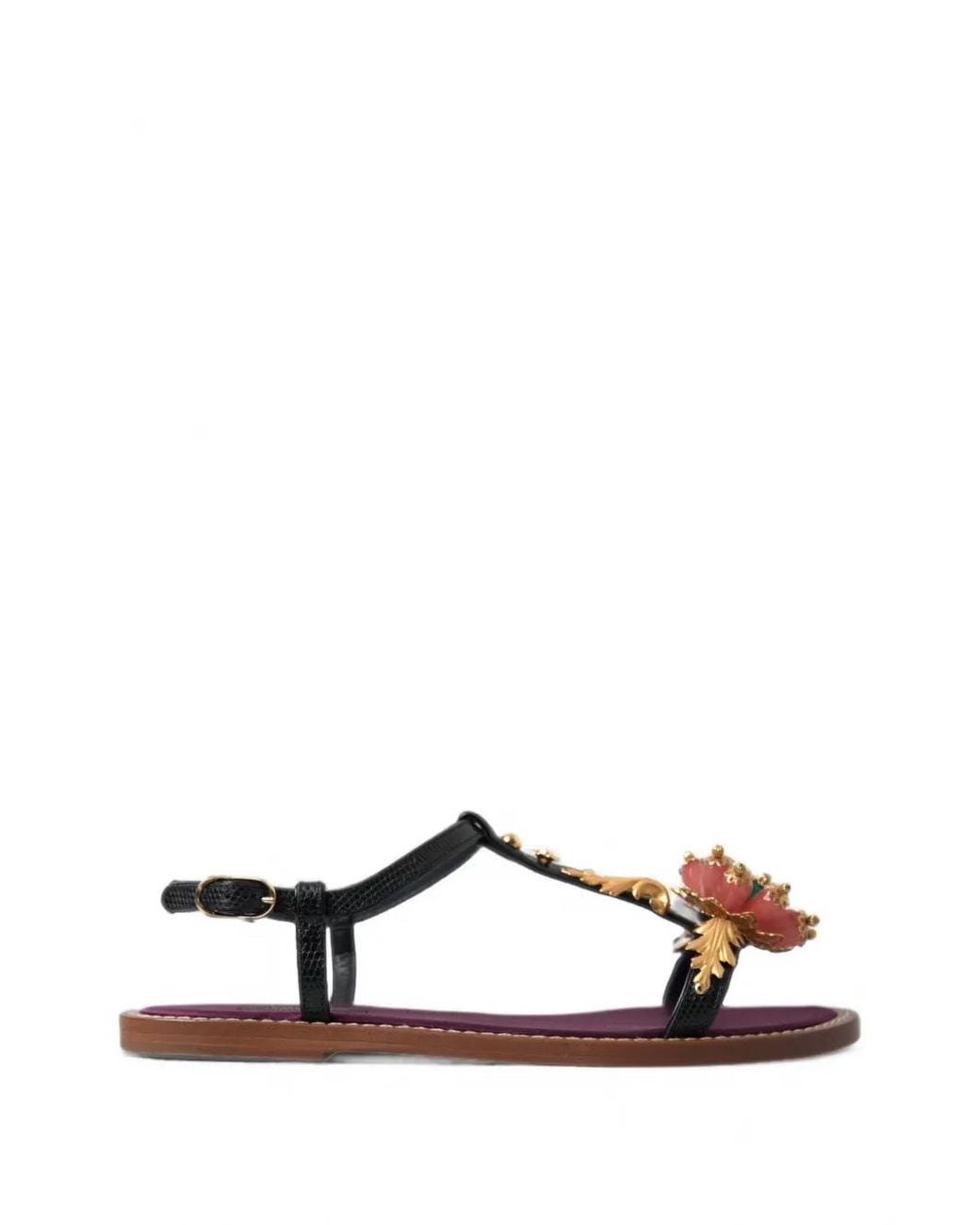 Dolce & Gabbana Black Floral-Embellished Leather Sandals