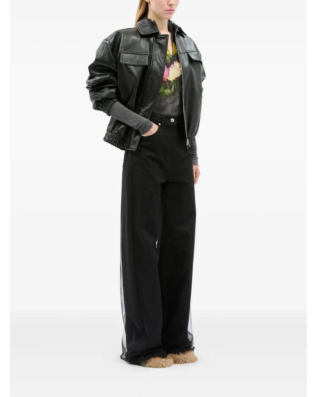 MSGM Gray Floral-Print Zip Bodysuit