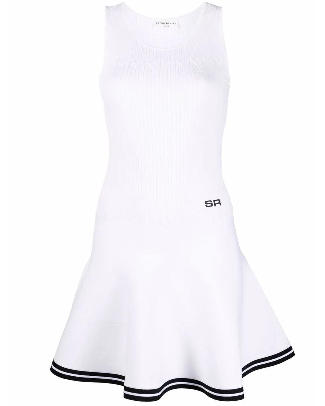 Sonia Rykiel White Pointelle Knit Fluted-Skirt Mini Dress