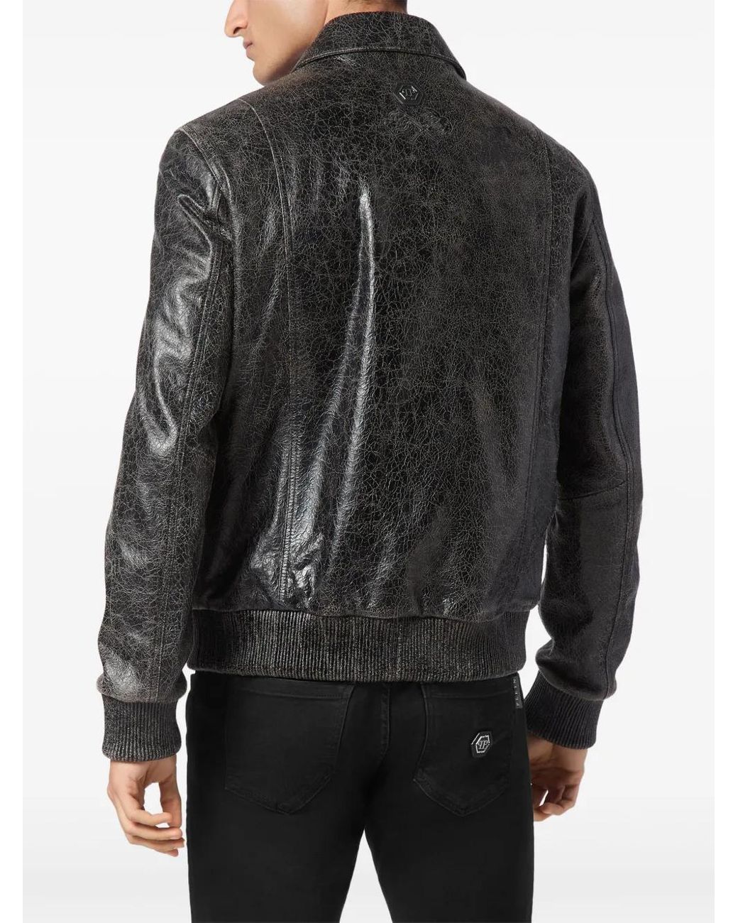 Philipp Plein Black Leather Coster Bomber Jacket Ls for men