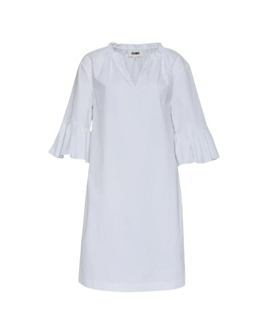 Club21 White Ruffled-Sleeve V-Neck Mini Dress