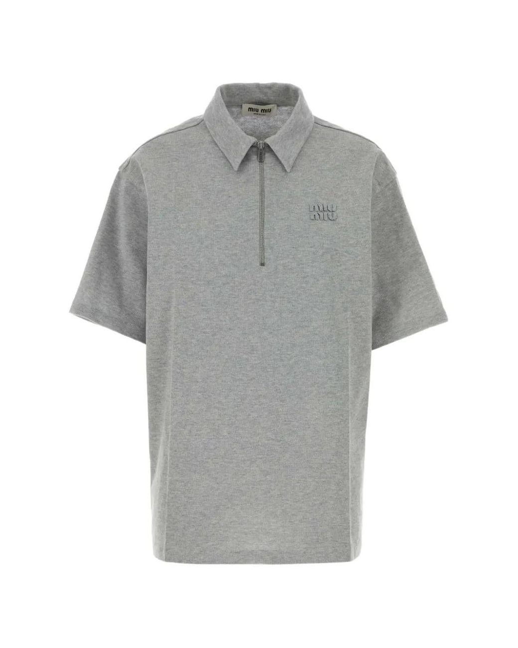 Miu Miu Gray Logo-Embroidered Zip-Up Polo Top