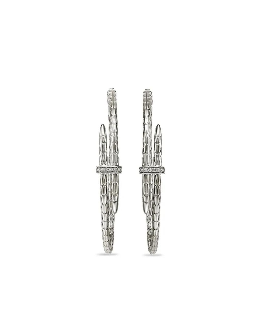 John Hardy White Sterling Large Spear Diamond Hoop Earrings