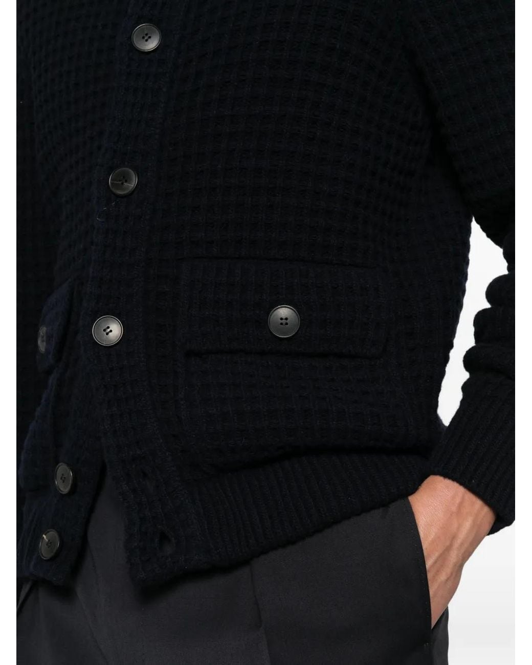 AROVESCIO Black Waffle-Knit Button-Up Jacket for men