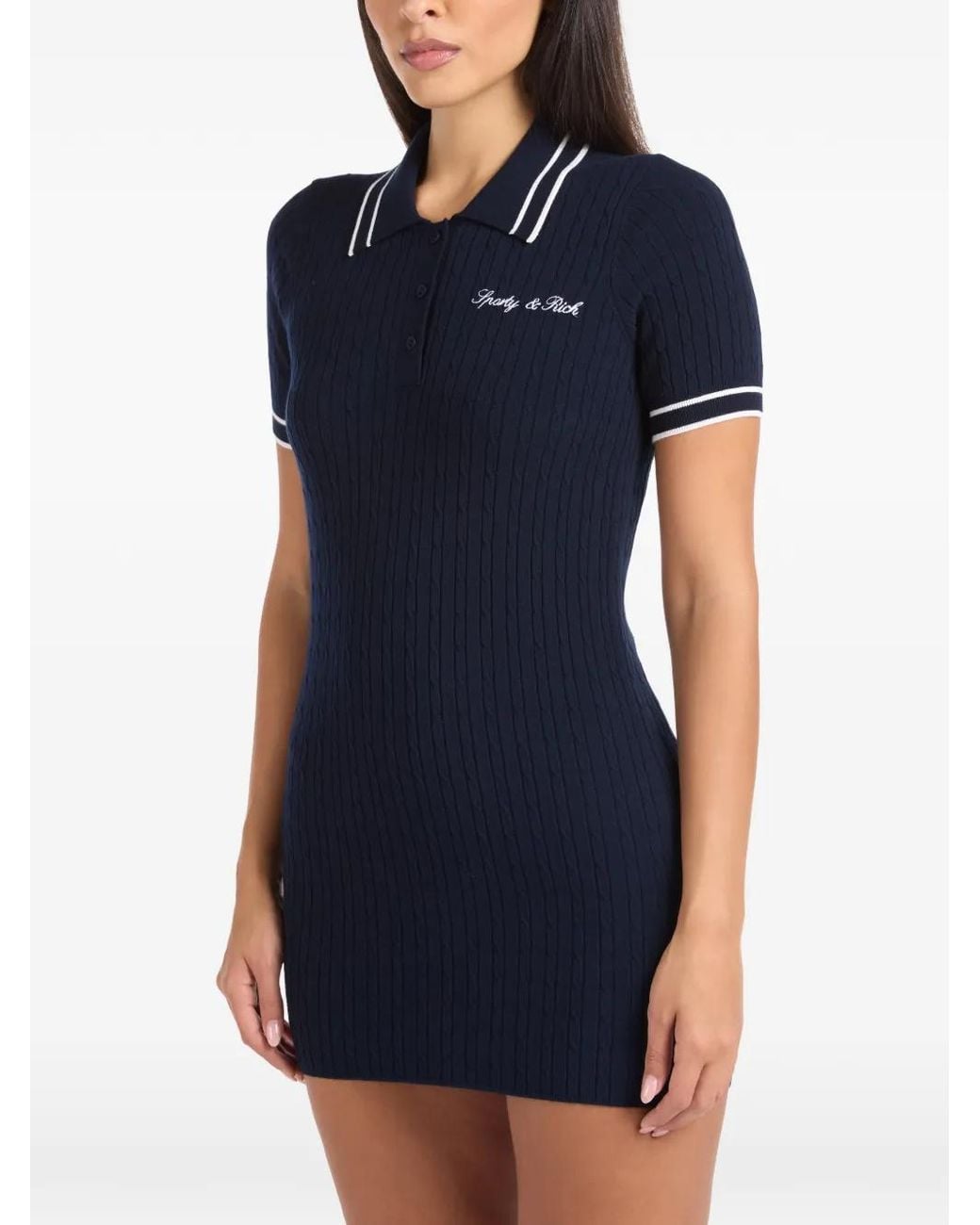 Sporty & Rich Blue Signature Logo Cable-Knit Mini Polo Dress